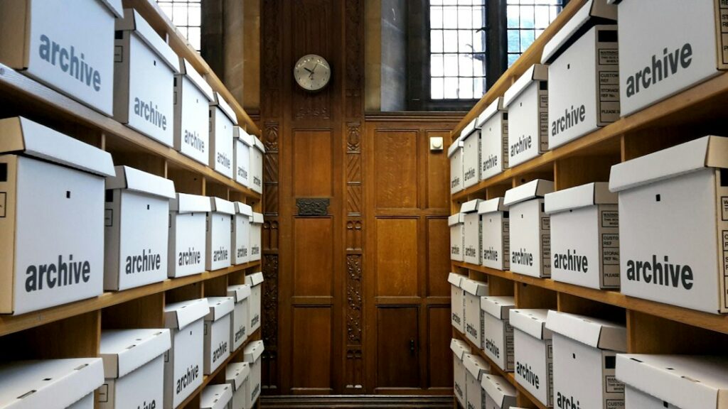 Shelves full of archive boxes, a reminder that an HTTrack alternative should read the archive's index