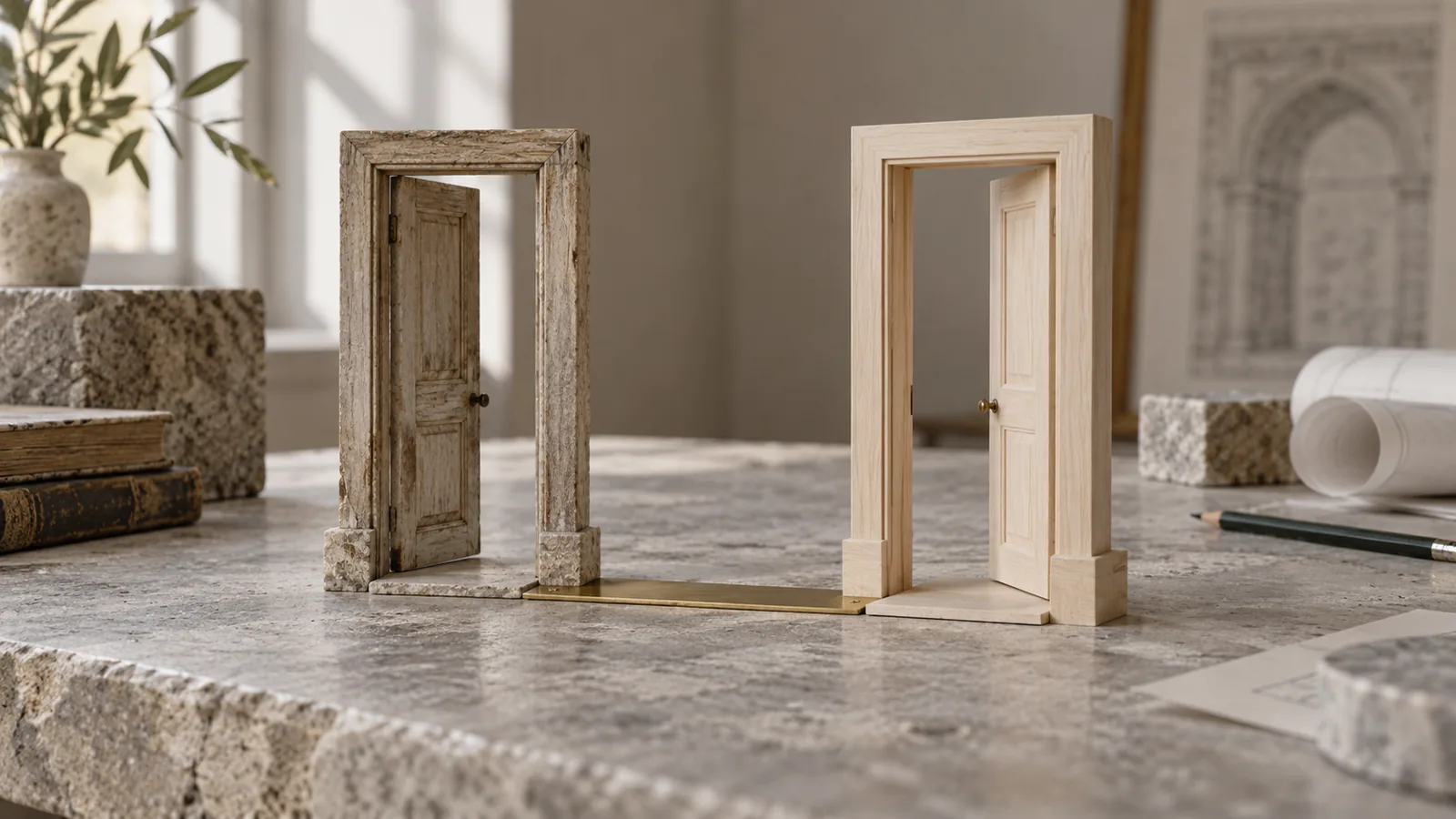 Two simple doorway models connected by a carefully placed brass guide strip