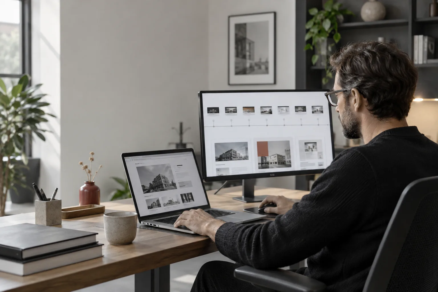 Website restoration specialist reviewing archived page captures at a workstation