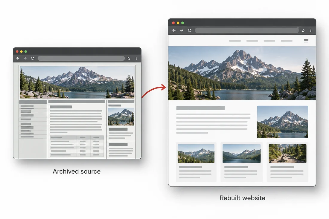 Conceptual illustration of an archived page becoming a rebuilt website