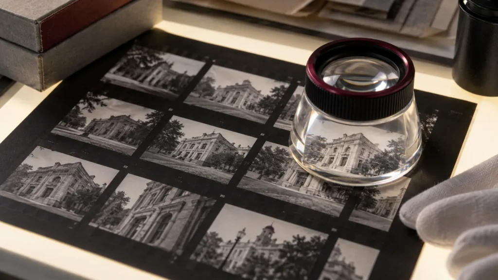 Optical loupe over an architectural photographic contact sheet on a light table