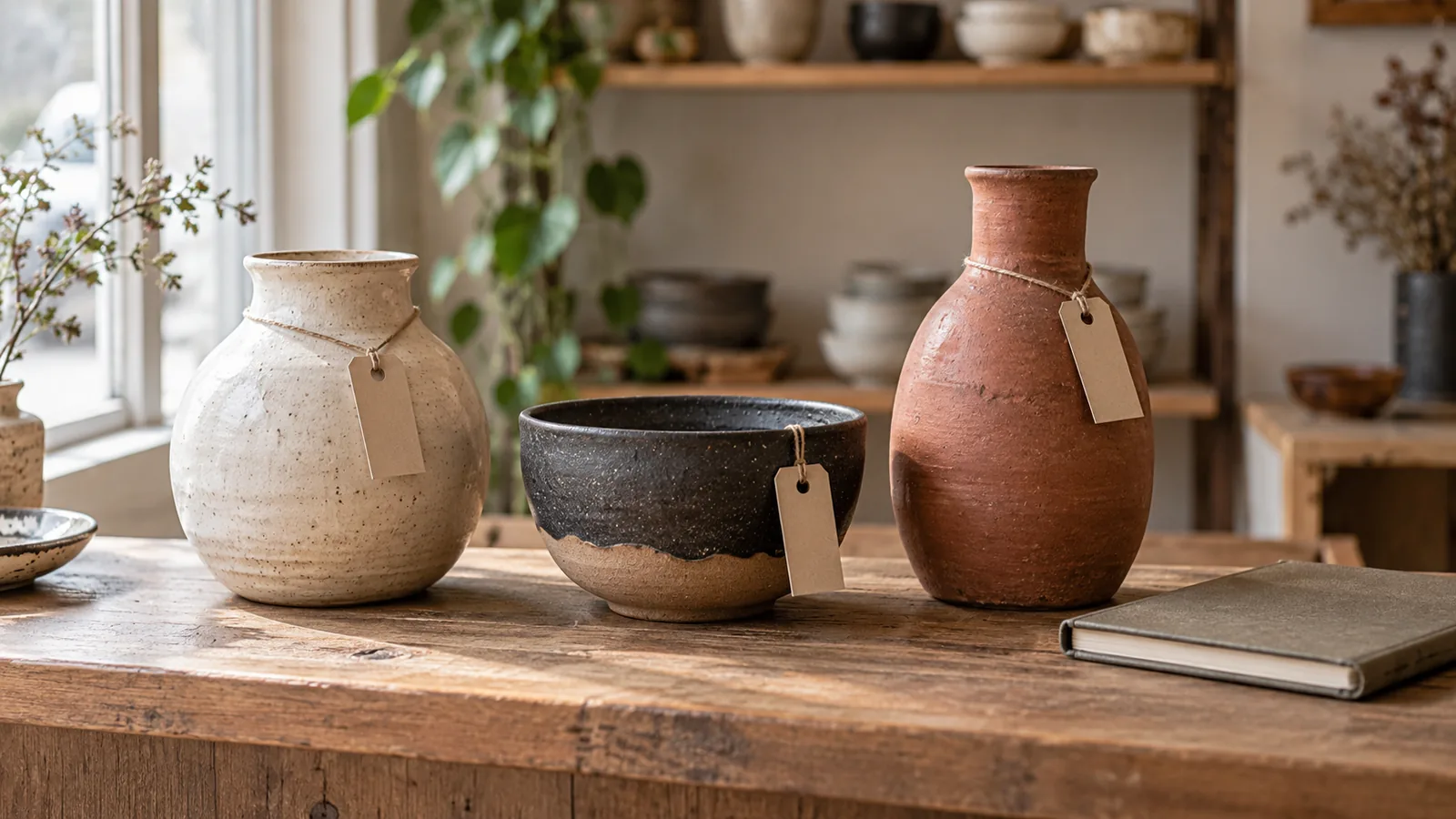 Three handmade ceramic vessels with blank tags on a shop counter