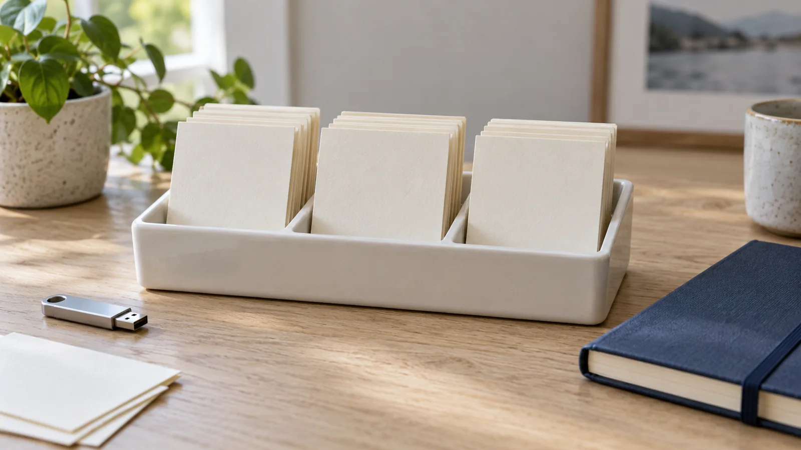 Blank cards grouped in a three-compartment ceramic tray beside a USB drive and closed notebook