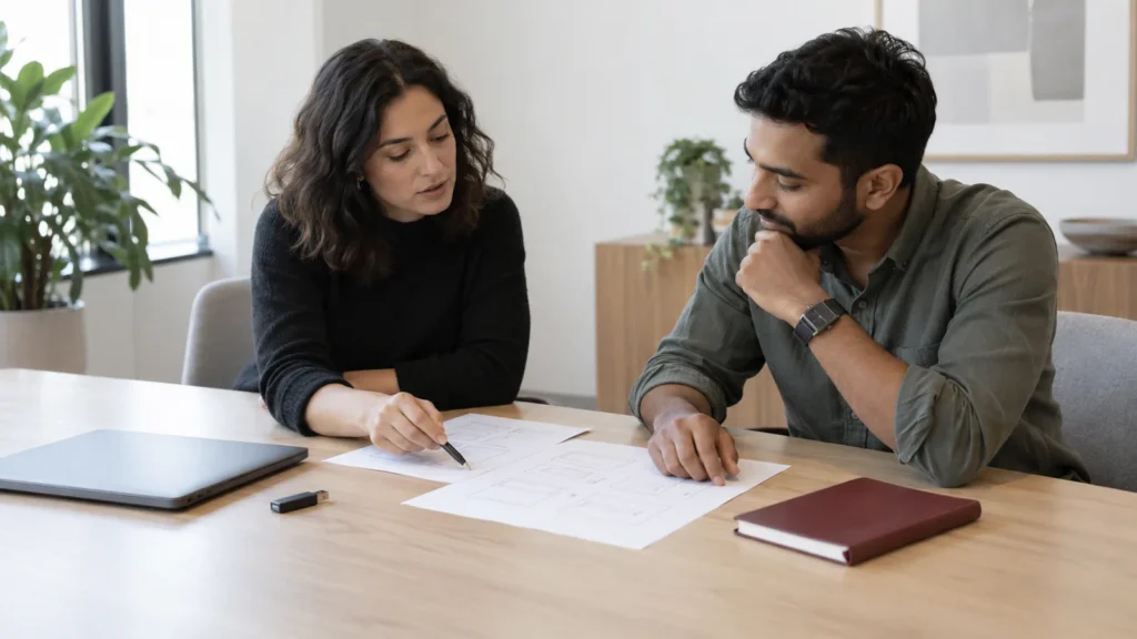 Two fictional professionals discussing paper layout sketches beside a closed laptop and USB drive