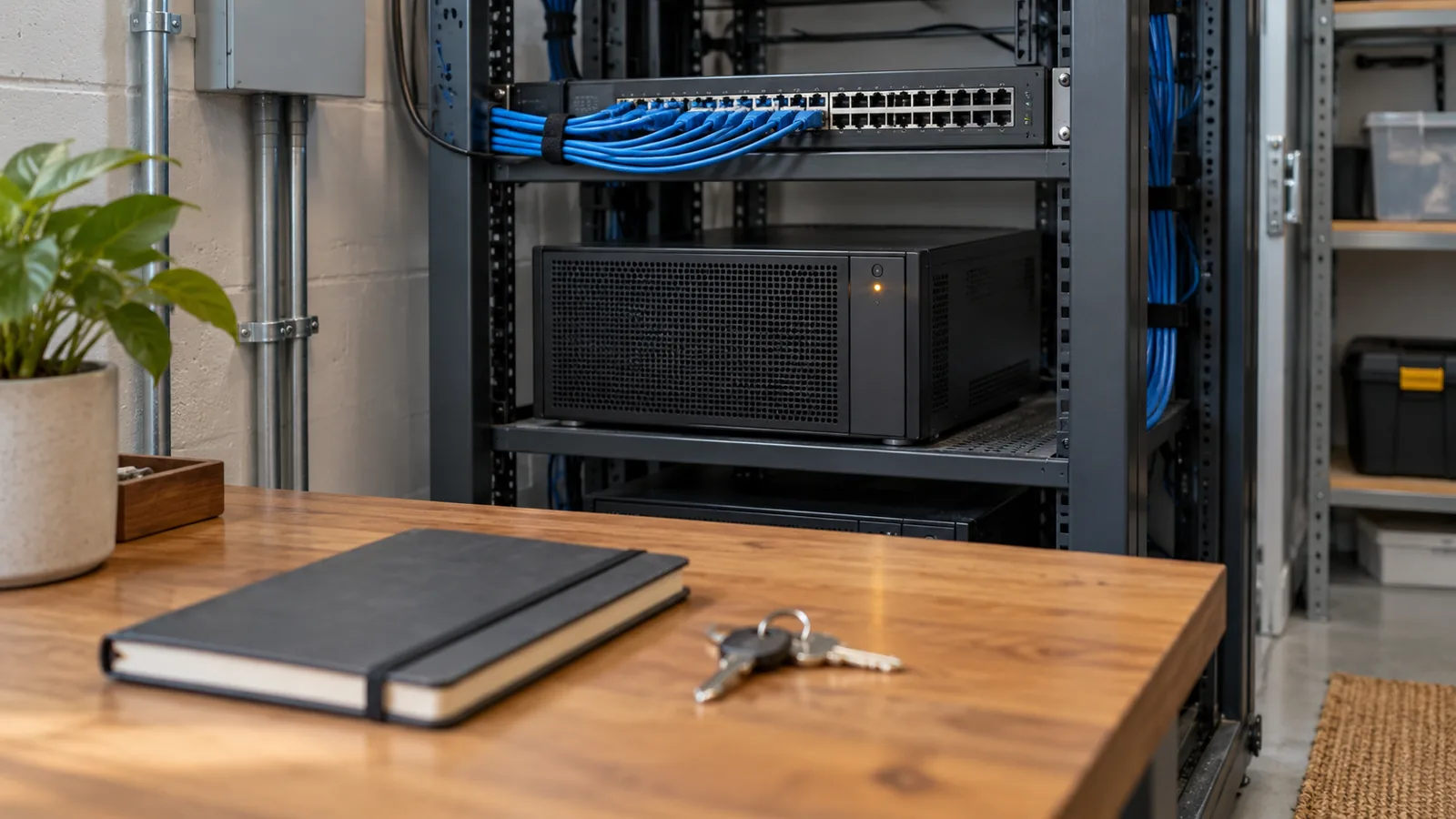 Compact network equipment with neatly bundled cables, a closed notebook and keyring on a desk