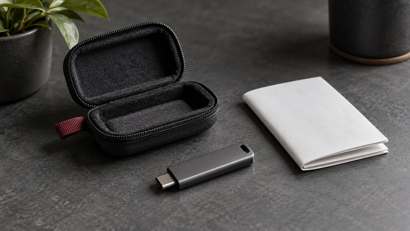 Unbranded USB-C flash drive beside an open protective case and folded blank paper