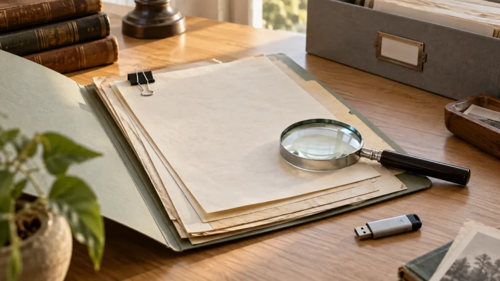 Blank archival papers in a folder beside a magnifying glass, binder clip and USB drive
