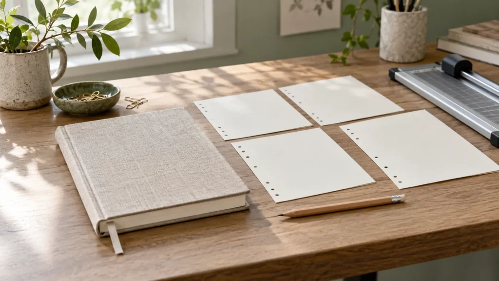 Bound linen notebook and removable blank sheets arranged on a drafting desk