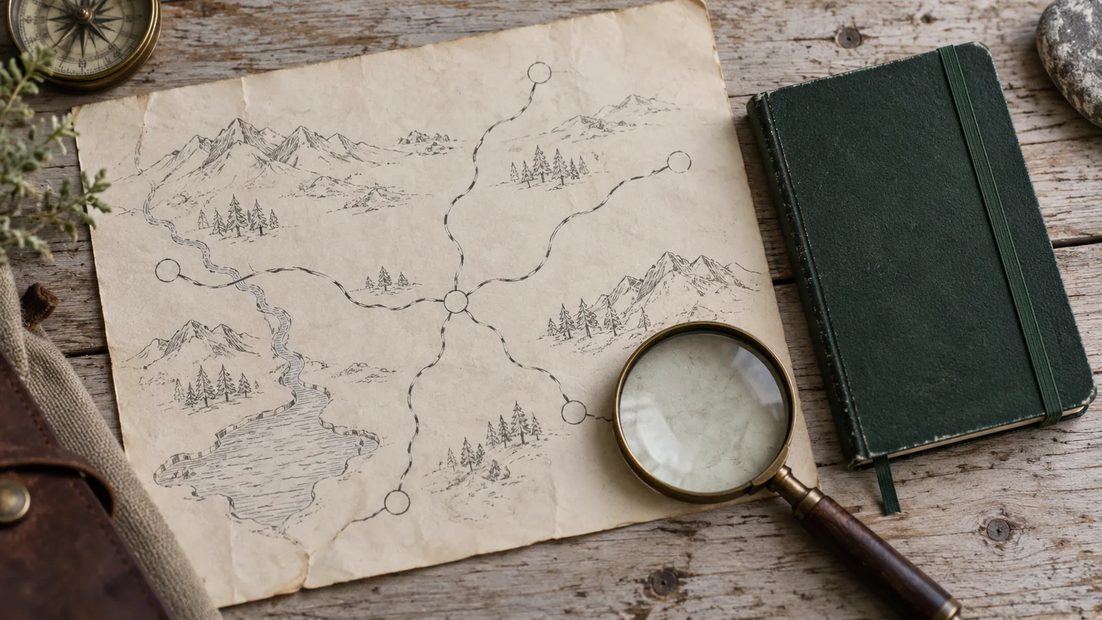 A hand-drawn route sketch with blank destination markers and a closed field notebook