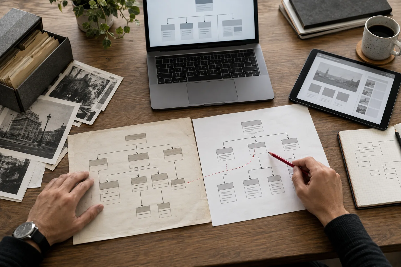 Hands mapping an archived website structure to a rebuilt sitemap