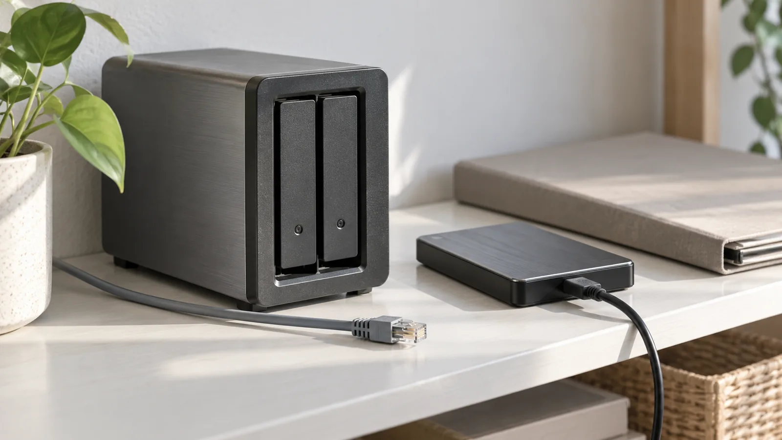Compact network storage enclosure, separate portable drive and disconnected Ethernet cable on a shelf