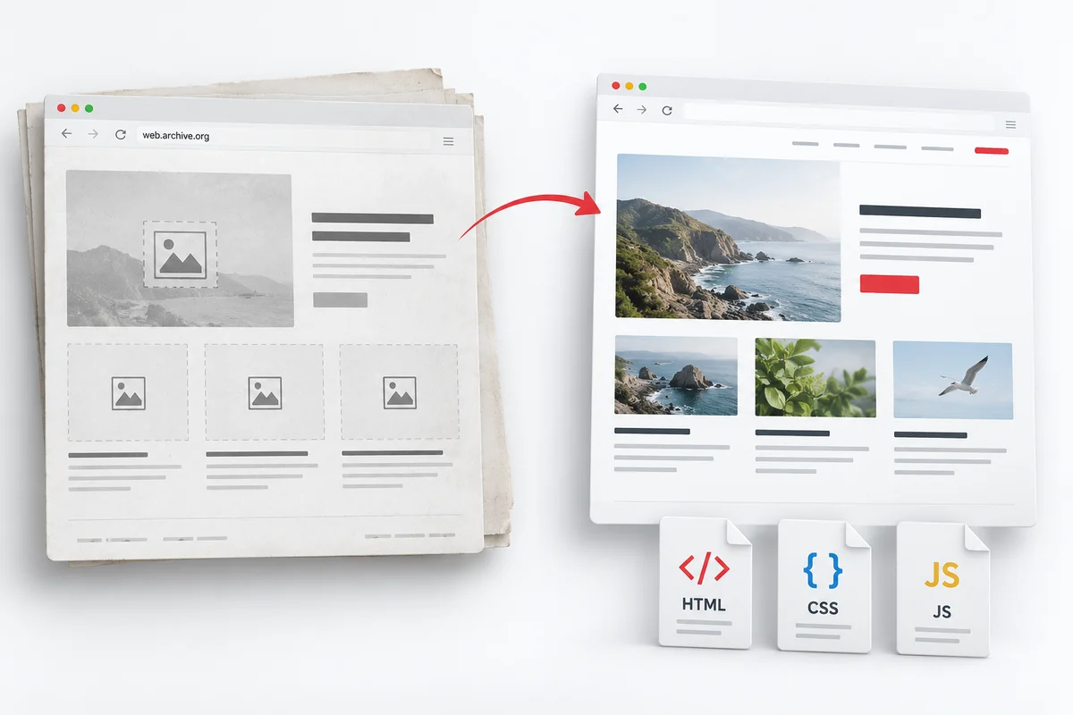 Concept illustration of an archived website reconstructed for static HTML delivery