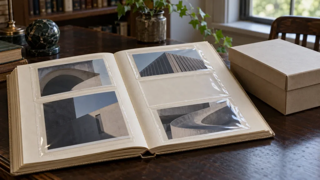 Open photograph album with architectural reference pictures, one empty sleeve and an archive box