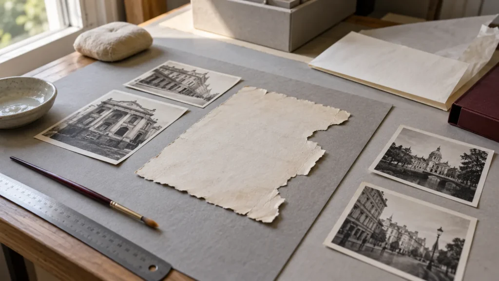 Torn paper, reference photographs and conservation tools arranged on a grey work mat