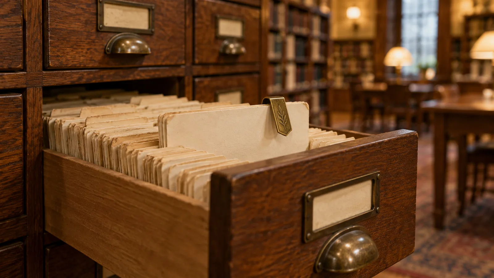 One blank folder identified by a brass bookmark in an open wooden library catalogue drawer