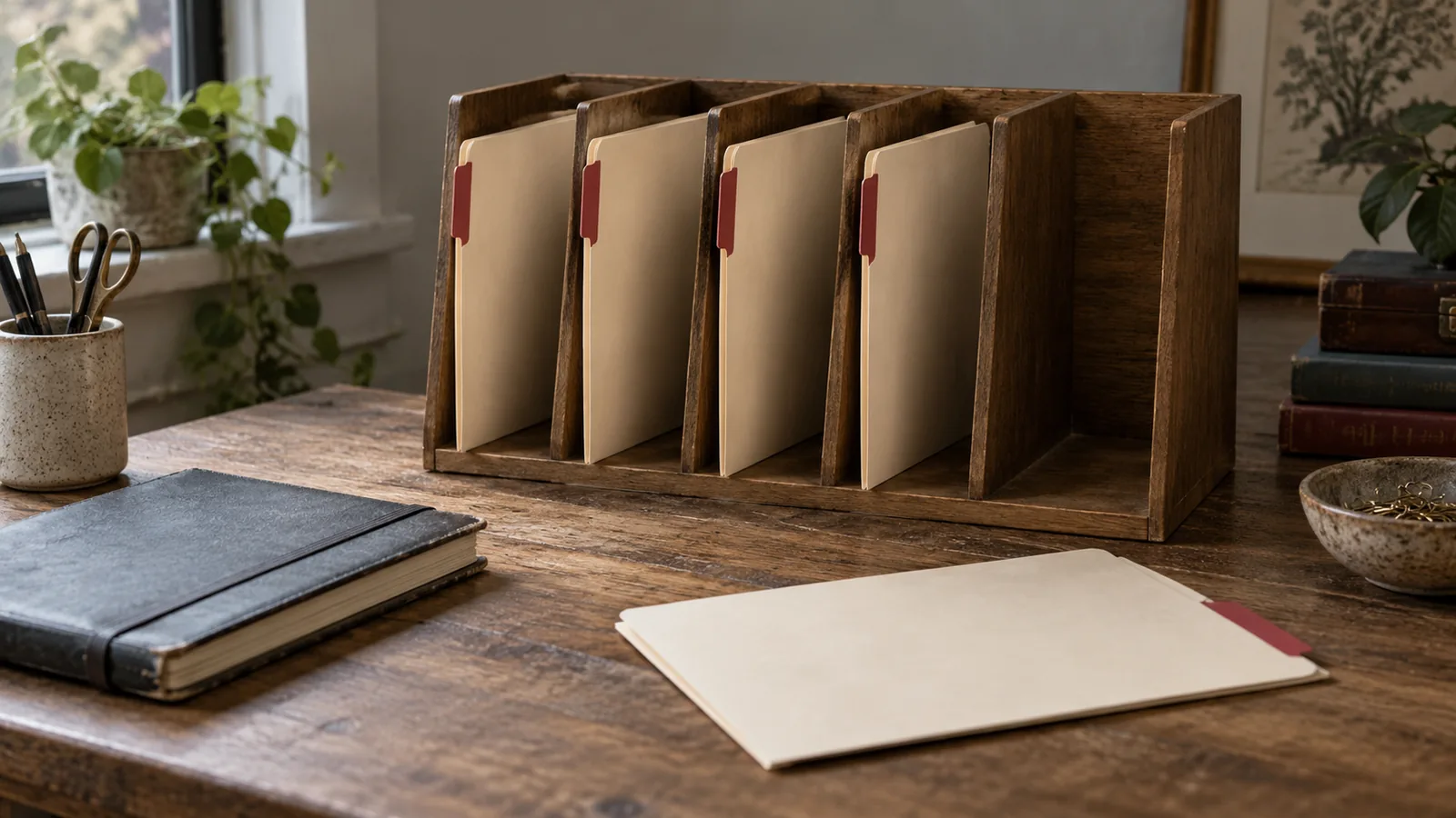 A document sorter with one empty compartment and a matching folder beside it