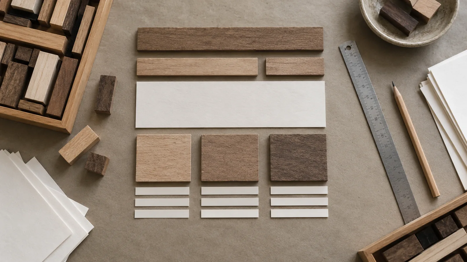 Wooden modules and blank paper strips arranged as a page-like structure beside a ruler and pencil
