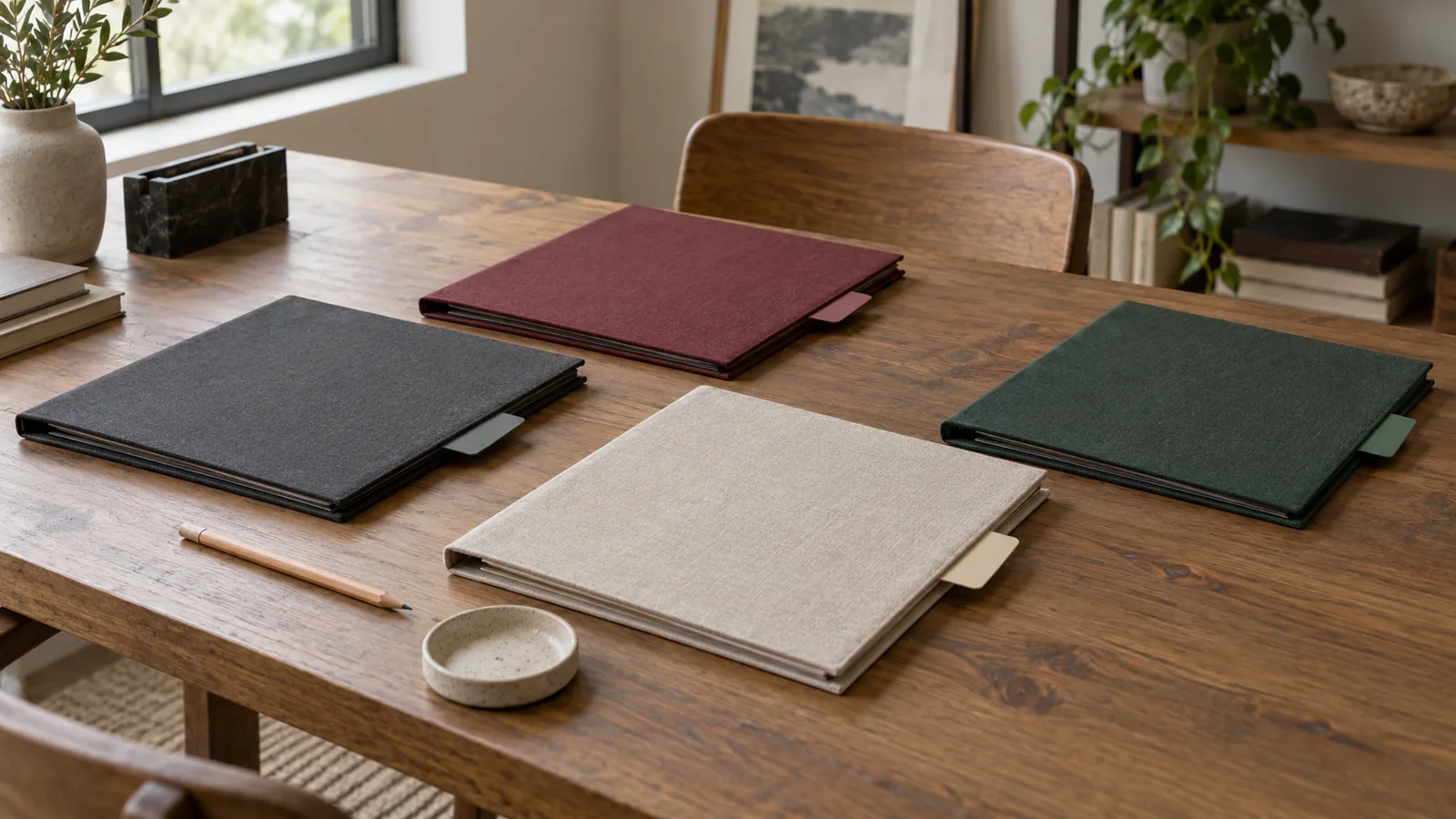Several differently colored unmarked document portfolios arranged separately on a long table