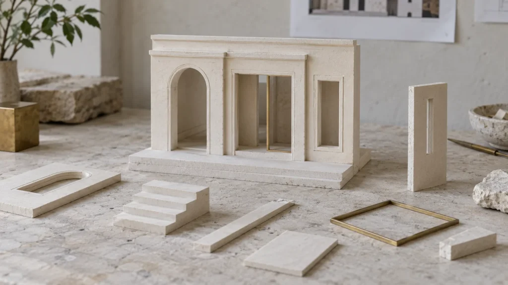 Cream architectural model modules and loose components on a stone workshop surface