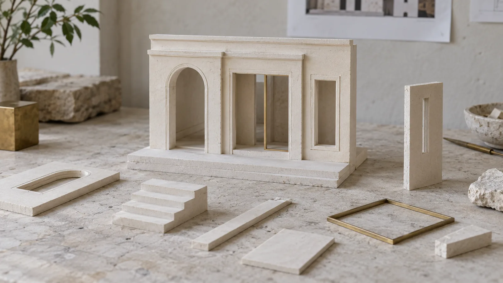 Cream architectural model modules and loose components on a stone workshop surface