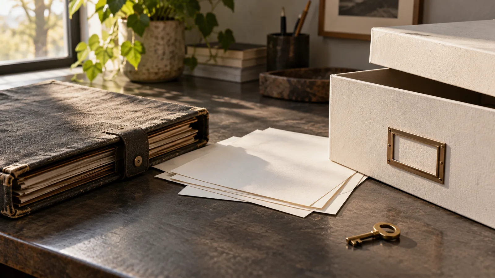 A canvas document portfolio beside a new archival box and separate brass key