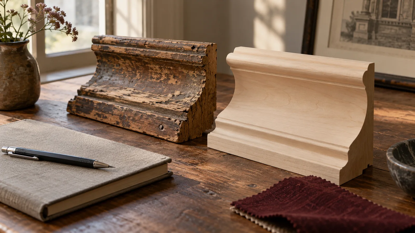 Weathered timber sample beside a clean contemporary material sample and notebook