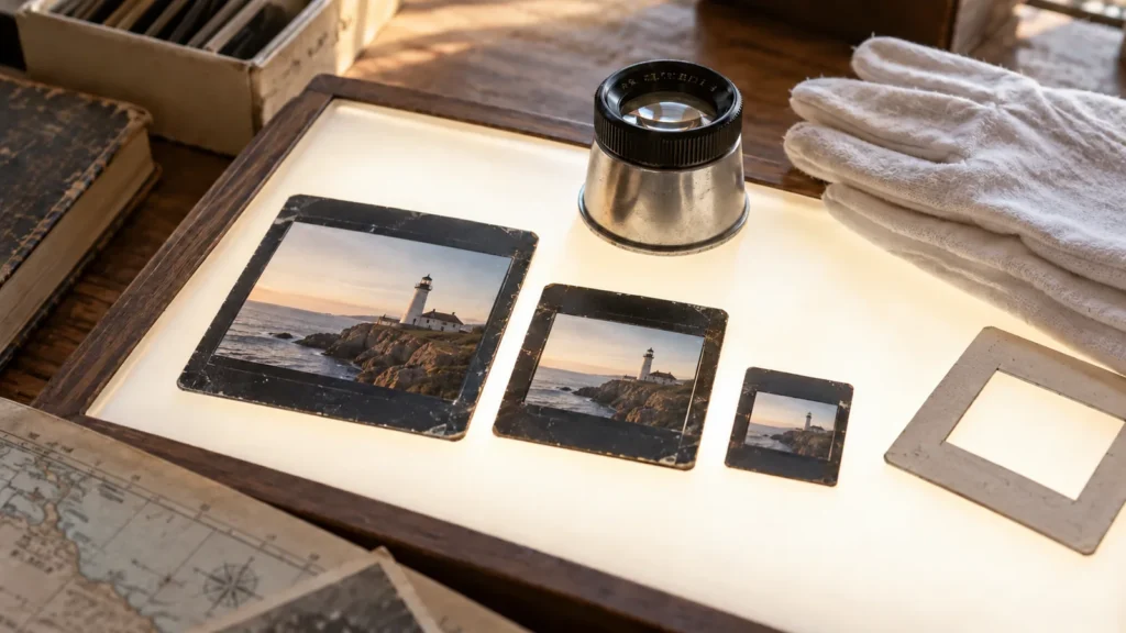 Different-sized lighthouse transparencies and an empty slide mount on a light table beside a loupe