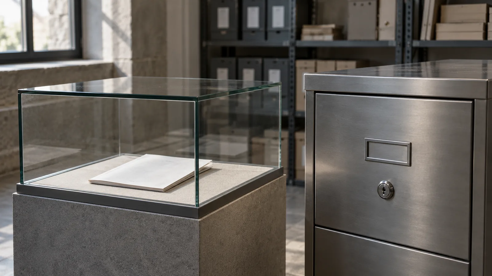 A blank brochure in a glass display beside a locked metal cabinet