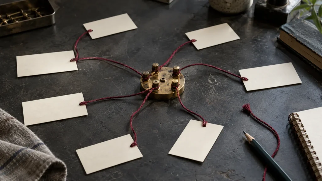 Burgundy cords connect blank cards through a brass routing jig, with one loose end on a workbench