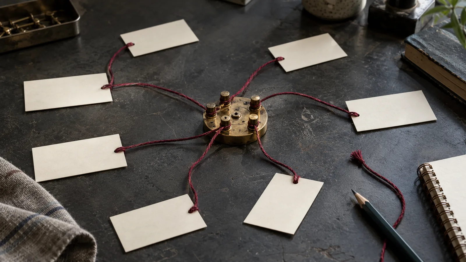 Burgundy cords connect blank cards through a brass routing jig, with one loose end on a workbench
