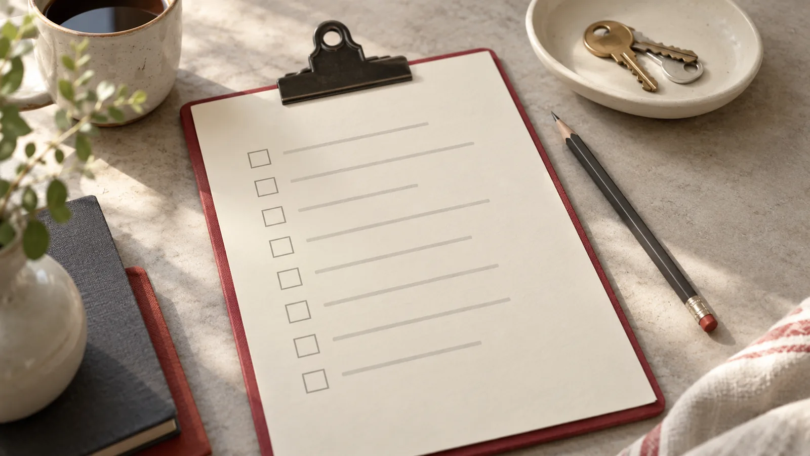 An unfilled checklist sheet with a pencil and neatly arranged keys on a desk