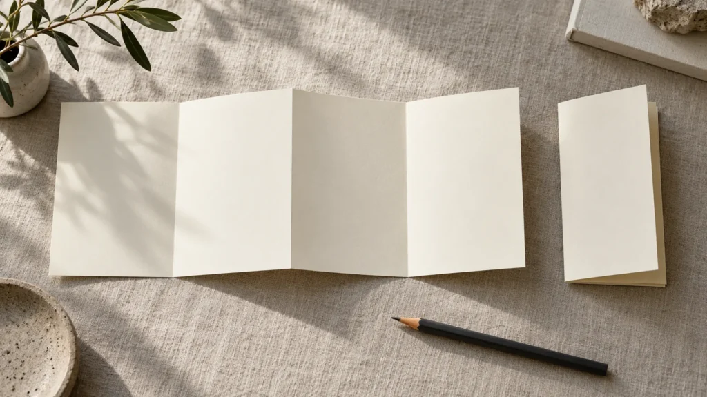 A wide unfolded brochure beside a neatly folded version preserving the same blank panels