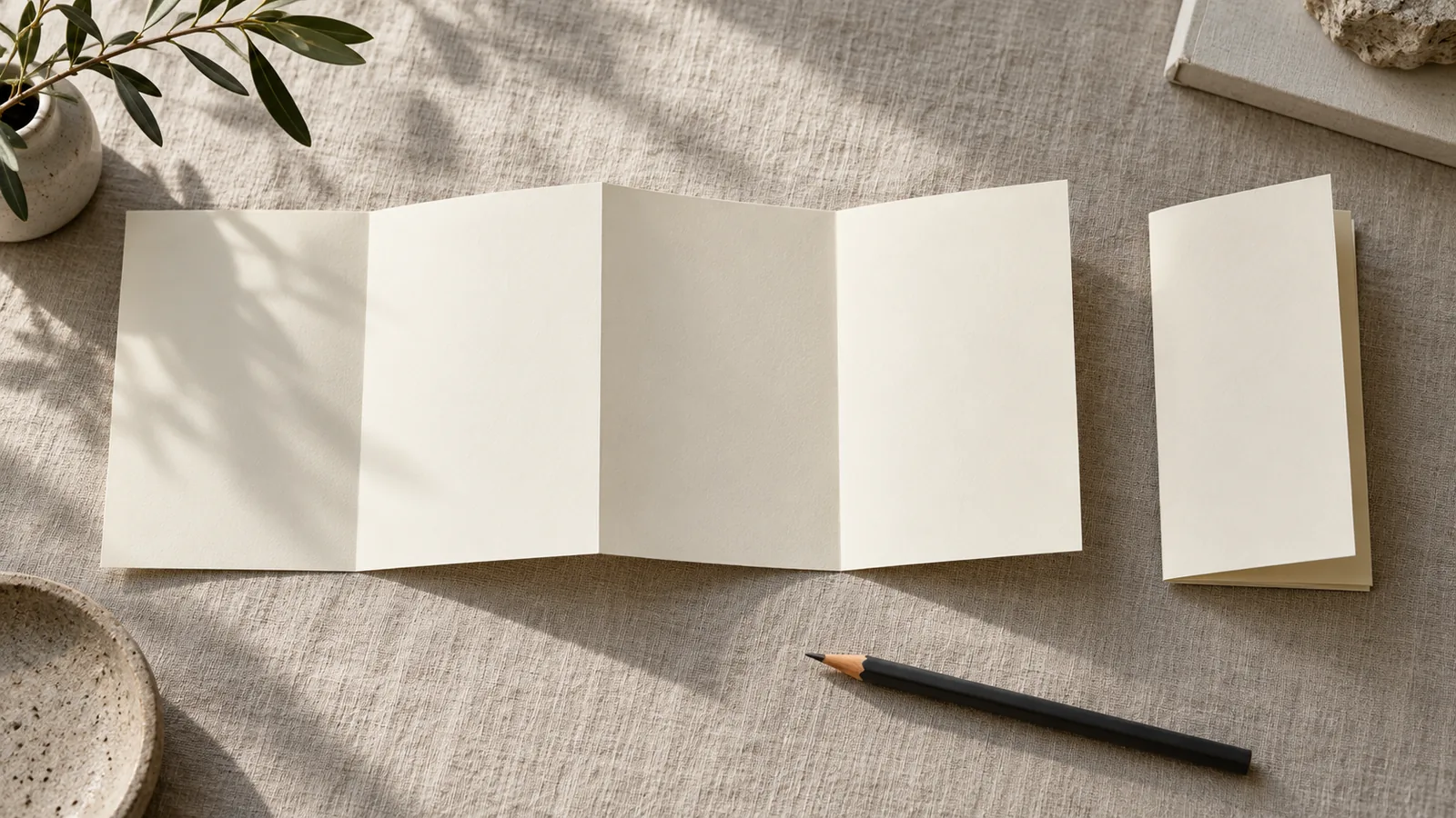 A wide unfolded brochure beside a neatly folded version preserving the same blank panels