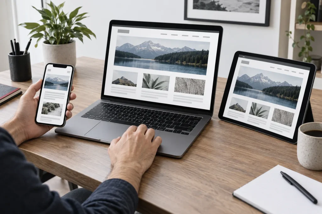 Developer checking a rebuilt website across laptop, tablet, and mobile screens