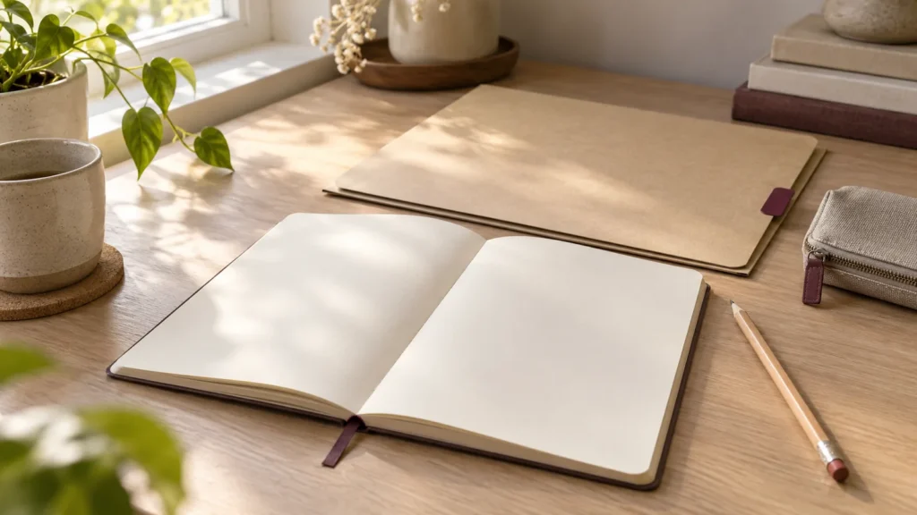 An open blank project notebook, a plain folder and pencil on a tidy desk