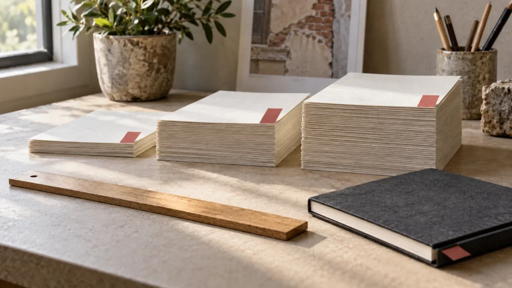 Three differently sized stacks of blank paper with a ruler and closed estimate notebook