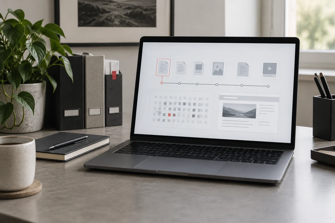 Illustrative laptop workspace for reviewing archive captures and source files
