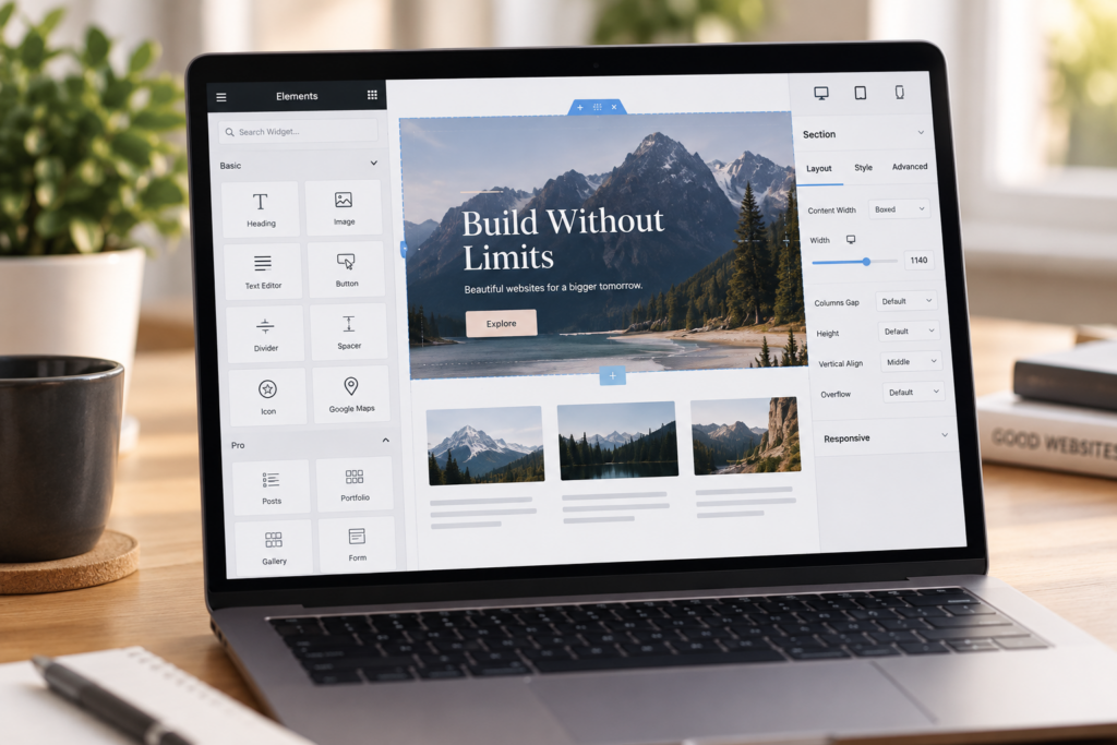 Elementor restoration workspace showing an editable responsive page layout