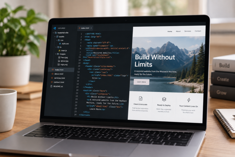HTML website restoration workspace with source code and restored page preview