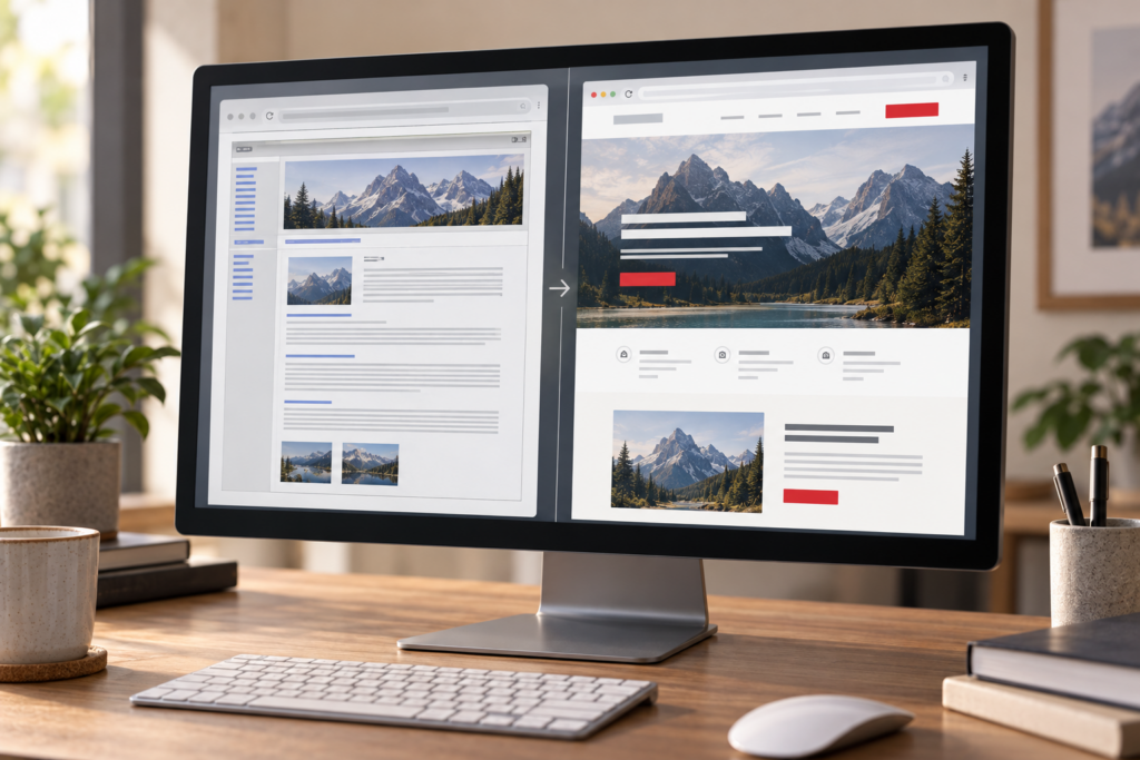 Archived website layout compared with a refined modern responsive redesign