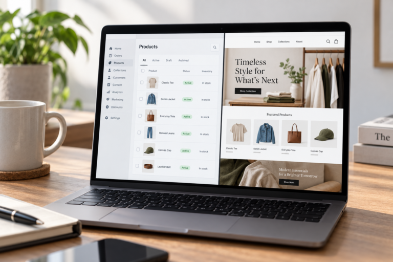 Shopify restoration workspace with products, collections, and storefront preview
