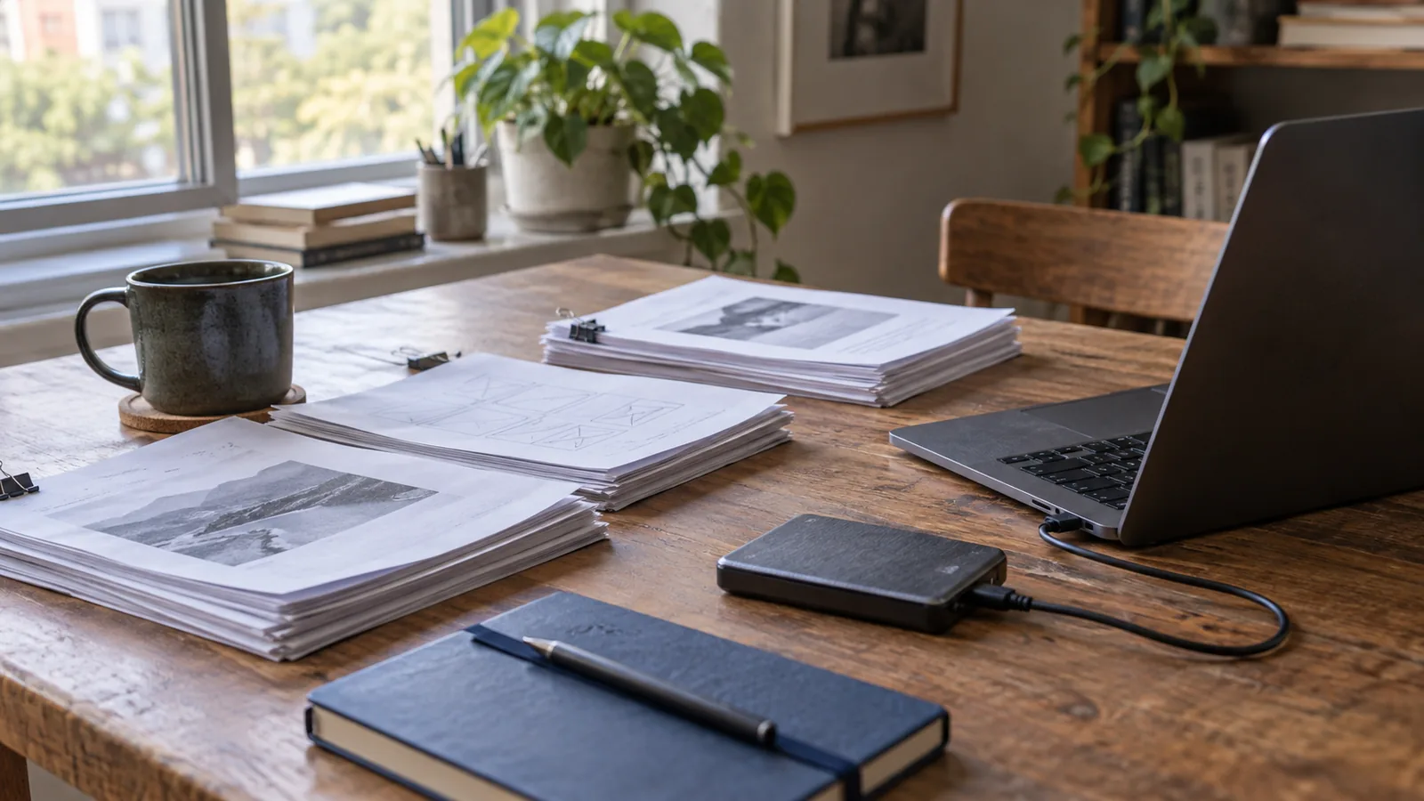 Laptop, external drive and organized reference papers on a website recovery workspace