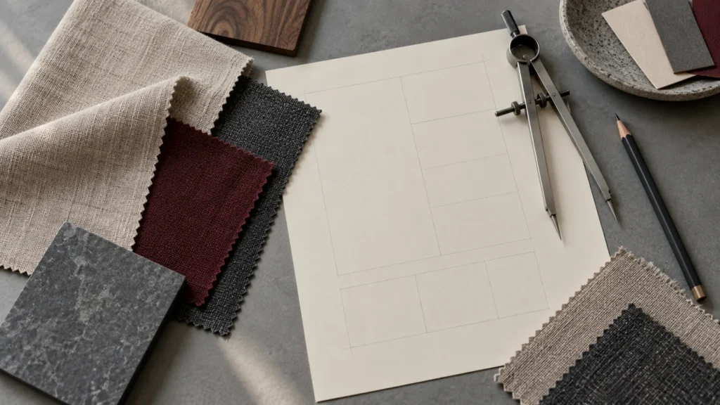 Linen and burgundy material swatches beside a blank layout sheet, dividers and pencil