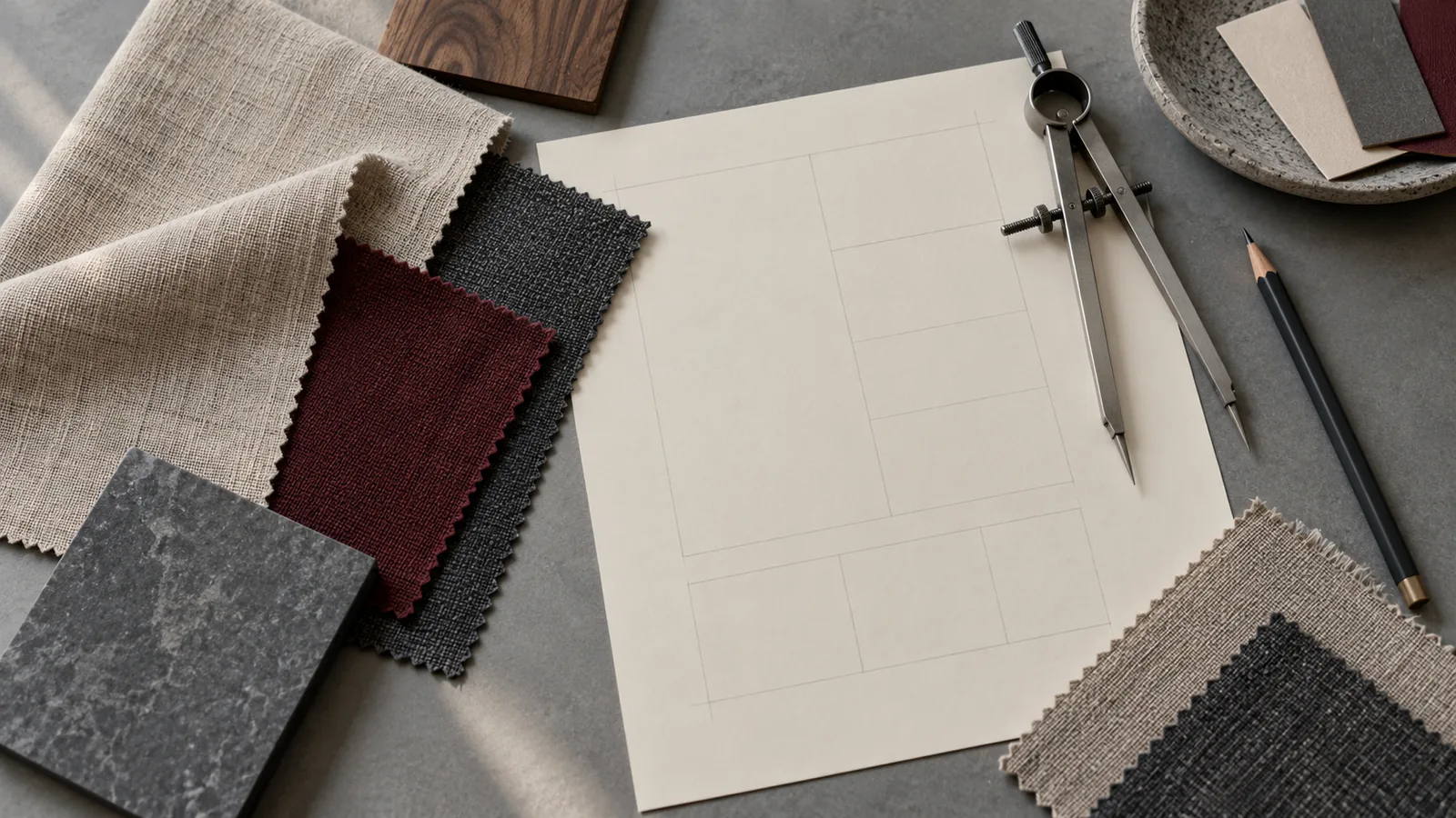 Linen and burgundy material swatches beside a blank layout sheet, dividers and pencil