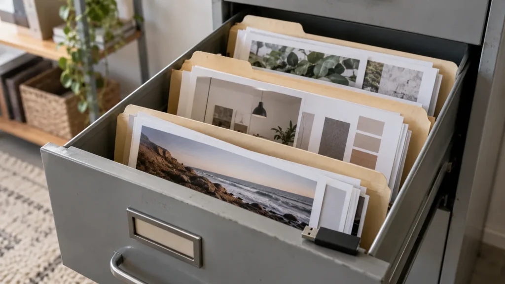Open metal filing drawer with reference photographs, paper folders and a USB memory stick