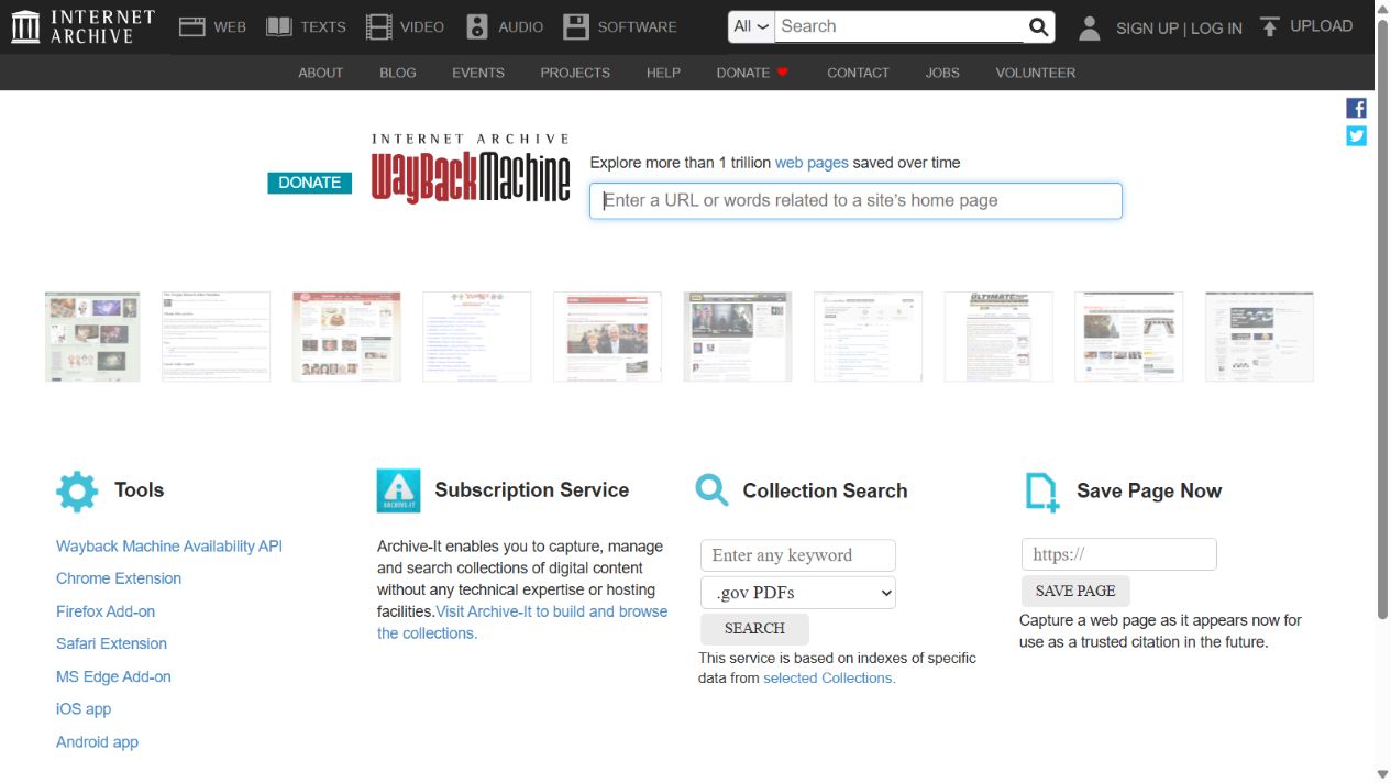 Wayback Machine home page with its central URL search field