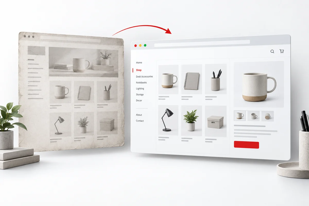 Concept illustration of an archived website reconstructed for woocommerce